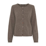 Brun meleret cardigan med rund hals og farverige knapper, set forfra