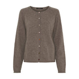 Brun meleret cardigan med rund hals og farverige knapper, set forfra