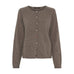 Brun meleret cardigan med rund hals og farverige knapper, set forfra