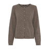 Brun meleret cardigan med rund hals og farverige knapper, set forfra