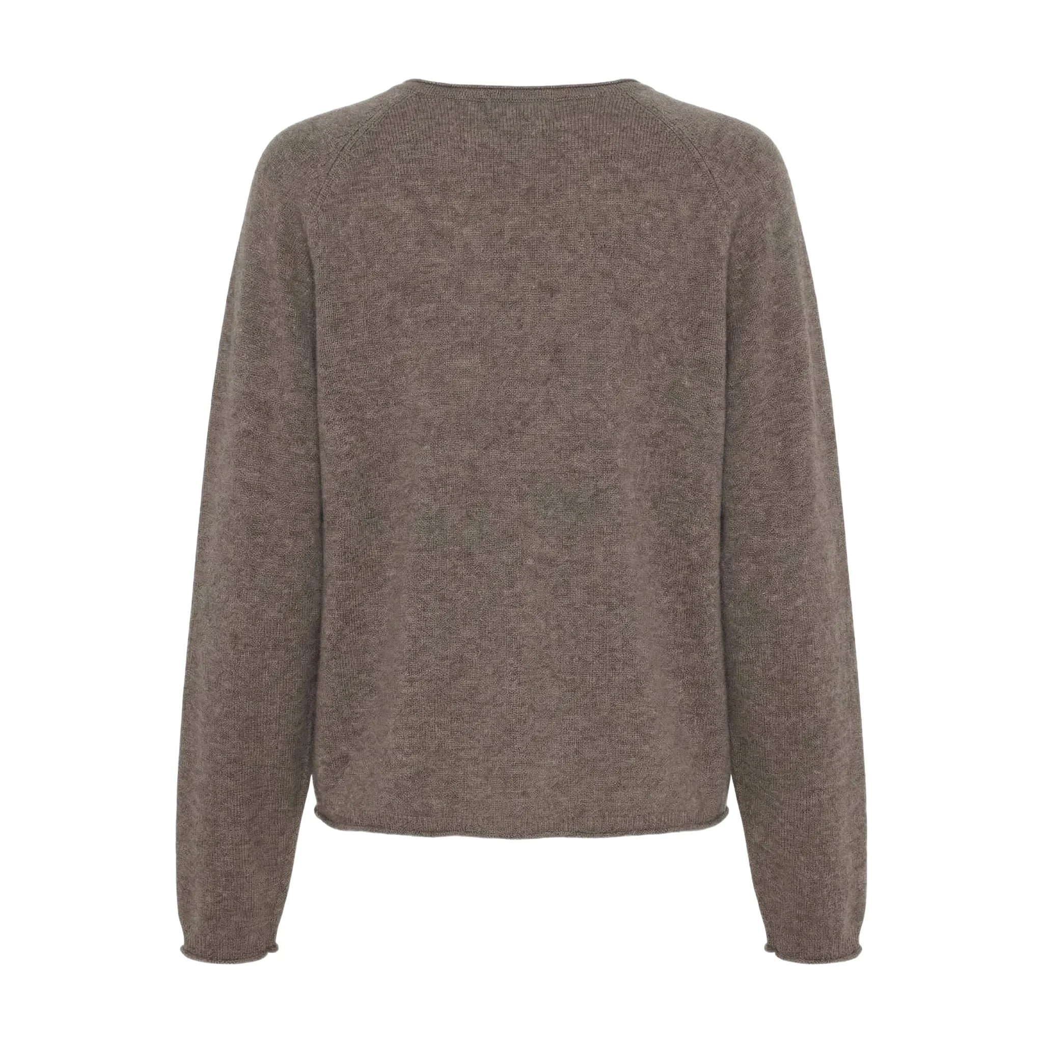 Brun meleret cardigan med lange raglanærmer, set bagfra