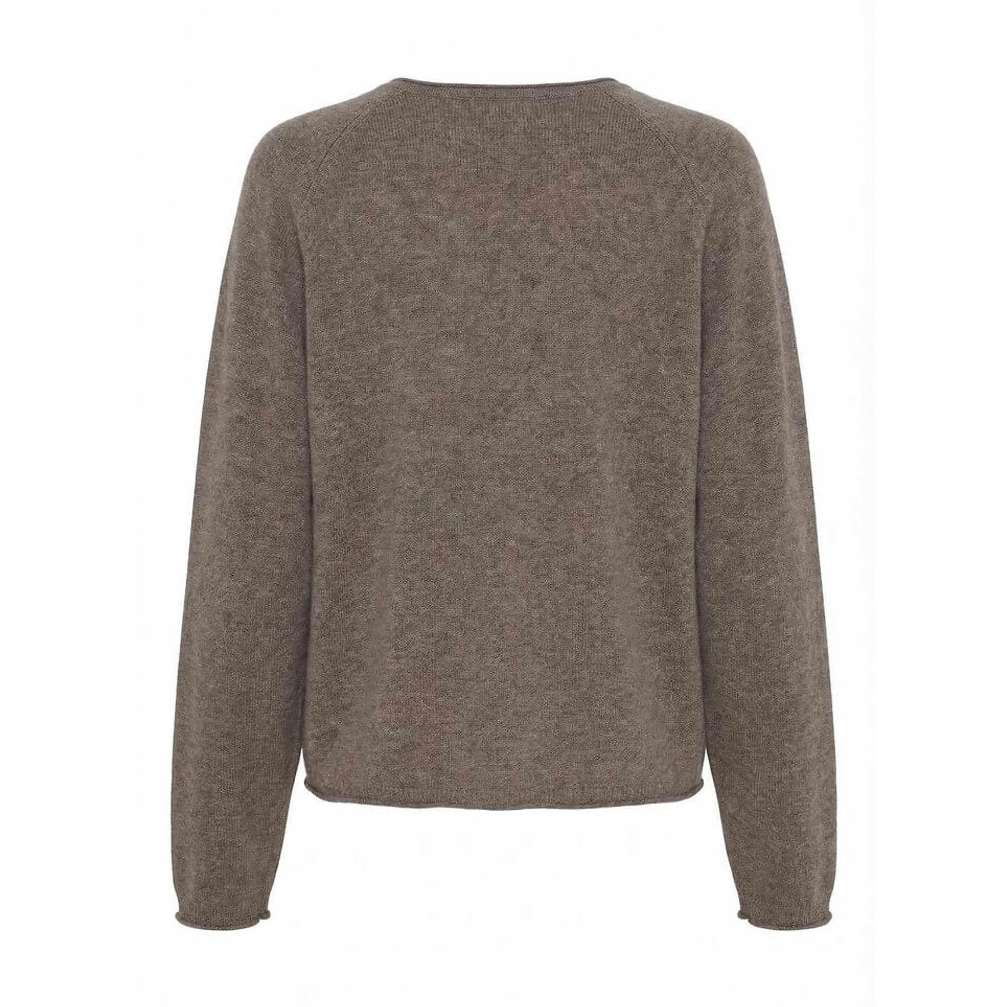 Mørkebrun meleret cardigan med lange raglanærmer, set bagfra
