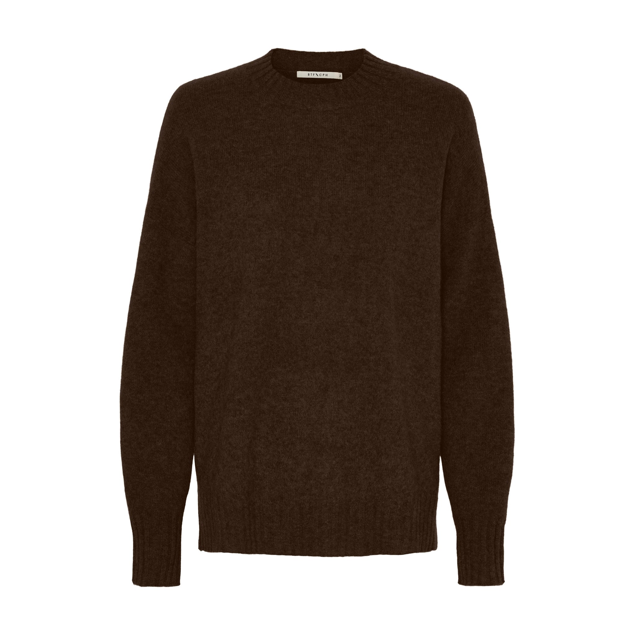 Brun Alina Yak Pullover fra Butterfly med rund hals, lange ærmer og ribkanter, set forfra