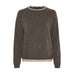 Mørkebrun pullover i merinould og cashmere med rund hals, raglanærmer og lyse kontrastkanter, set forfra