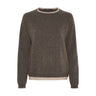 Mørkebrun pullover i merinould og cashmere med rund hals, raglanærmer og lyse kontrastkanter, set forfra