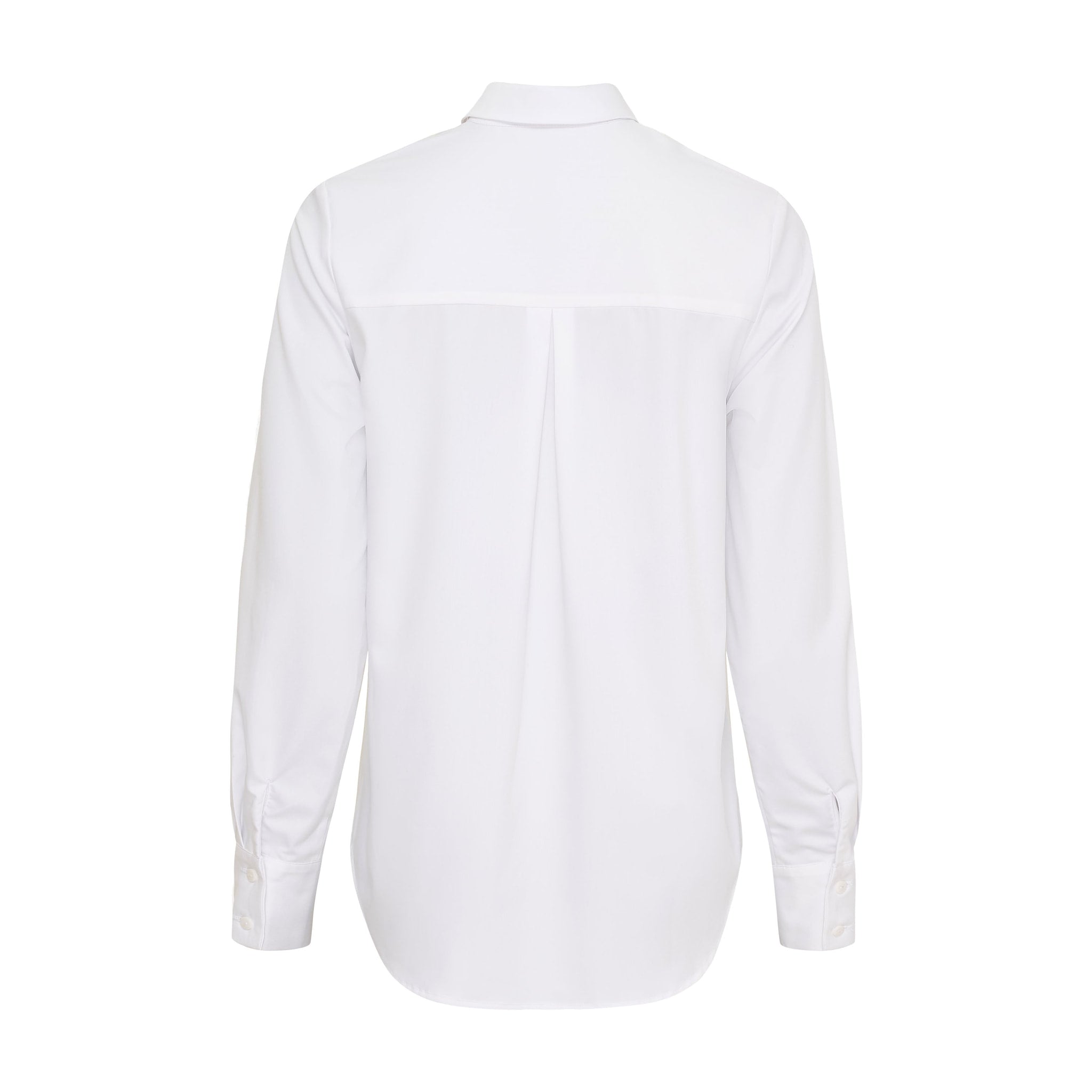 Hvid Bamboo Shirt skjorte set bagfra med bærestykke, læg midt bagpå og manchetter med knapper