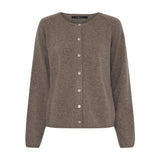 Brun meleret cardigan fra Butterfly med rund hals og lyse knapper, set forfra