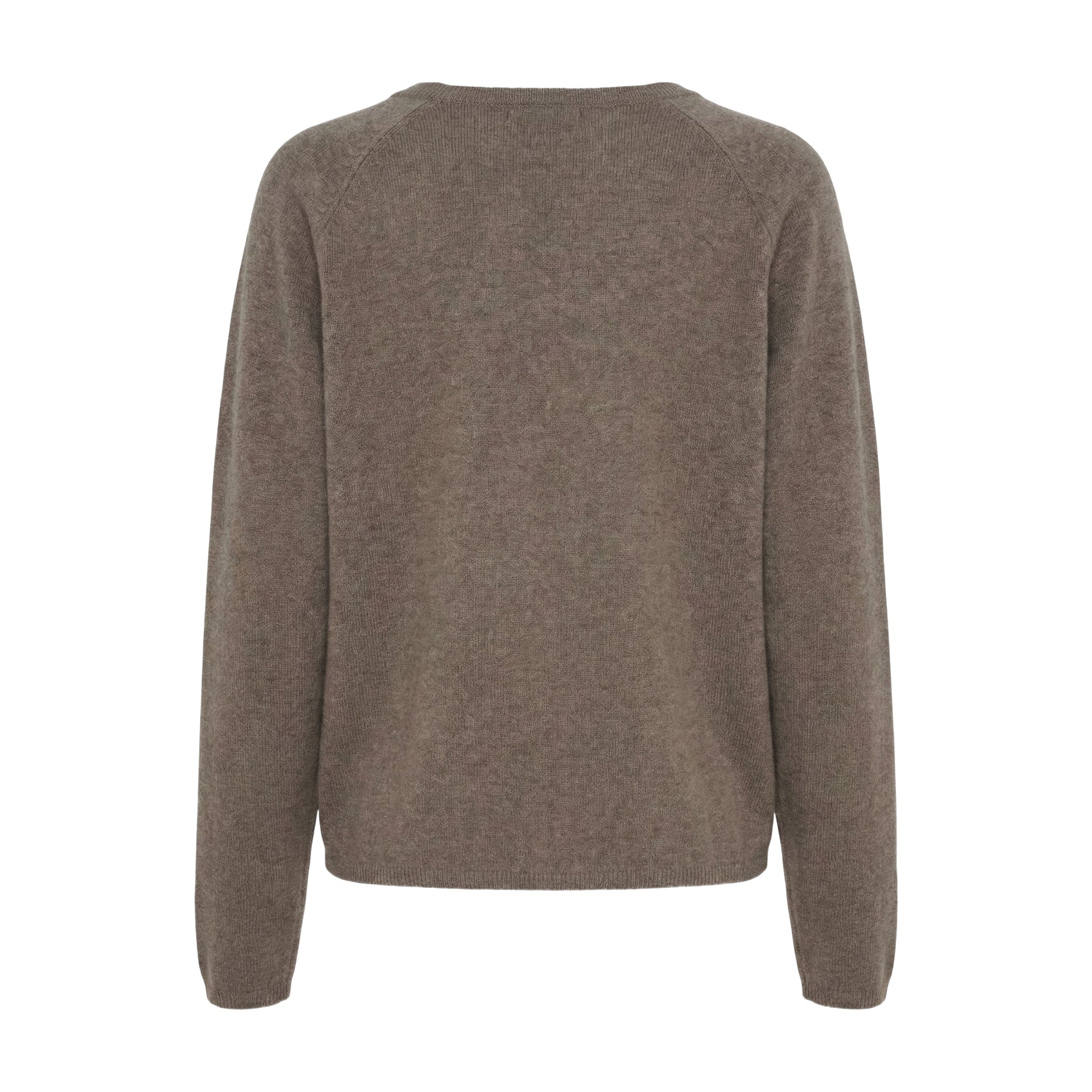 Brun meleret cardigan i merinould og cashmere med raglanærmer, set bagfra