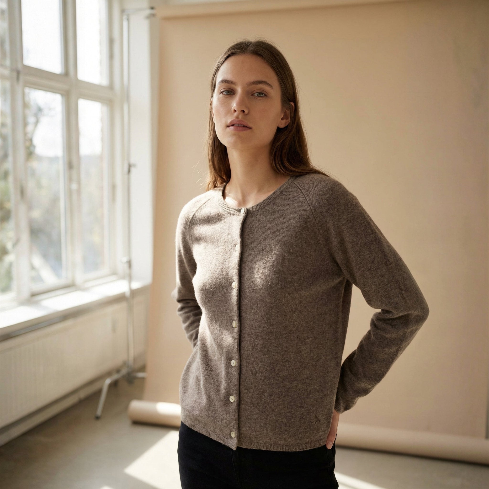 Model i brun Cashmere Cardigan knappet op med sorte bukser