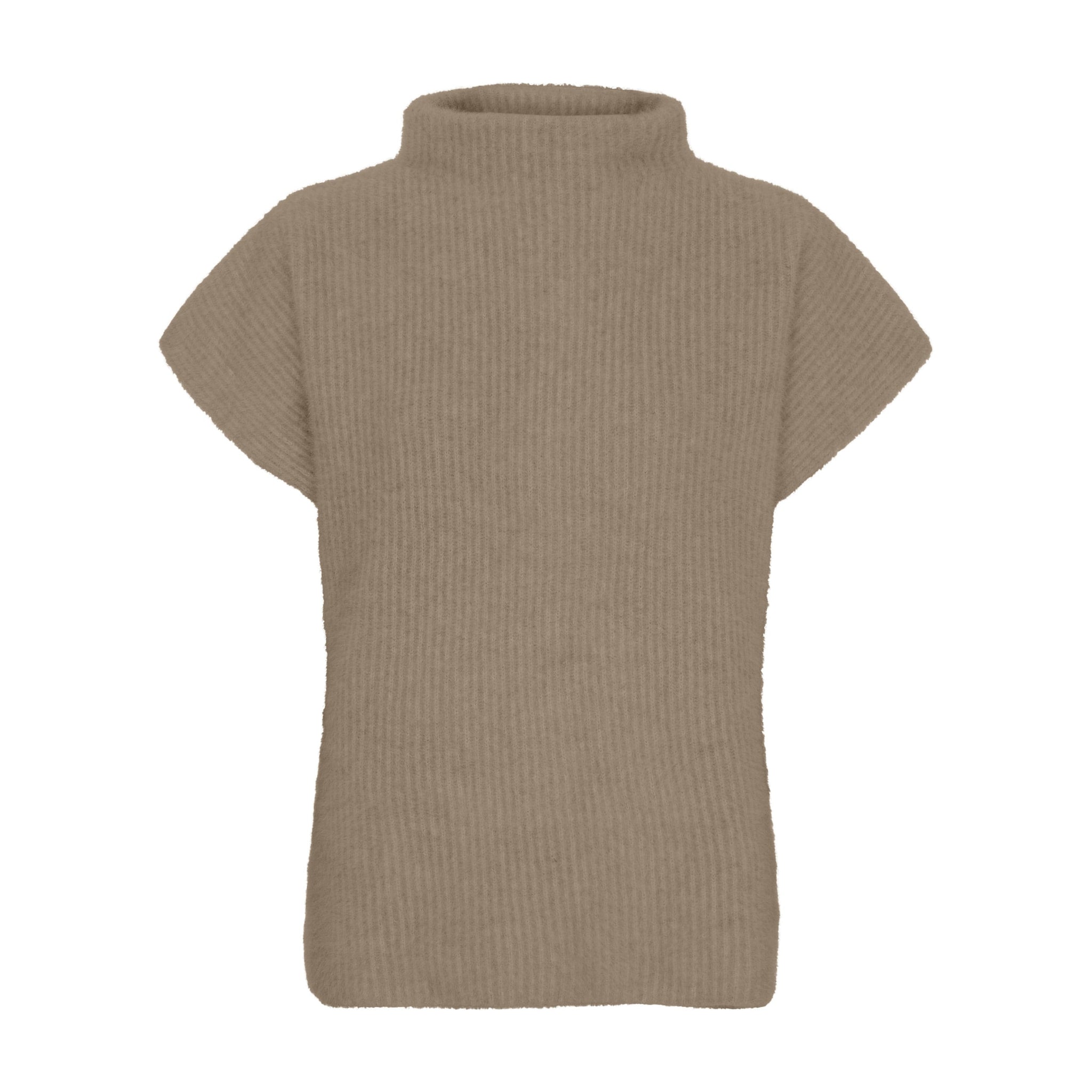 Brun kortærmet strik Cashmere Racoon SS Pullover fra Butterfly med høj krave set forfra