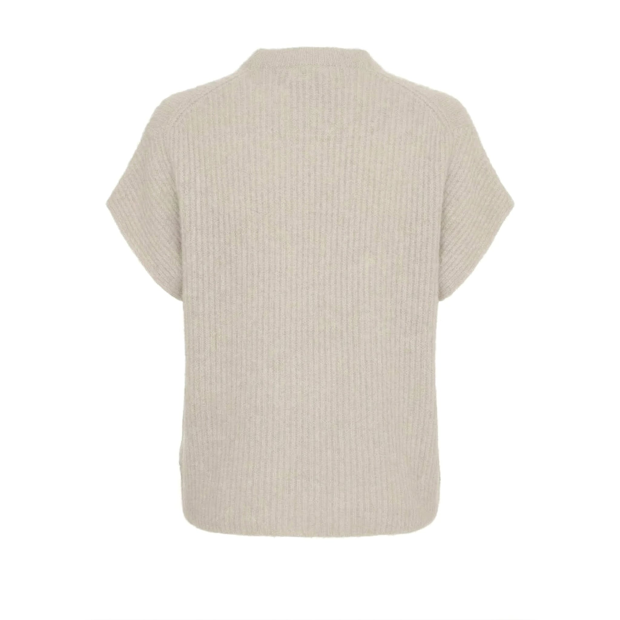 Beige vest i ribstrik fra Butterfly set bagfra med korte ærmer og lille opstående hals