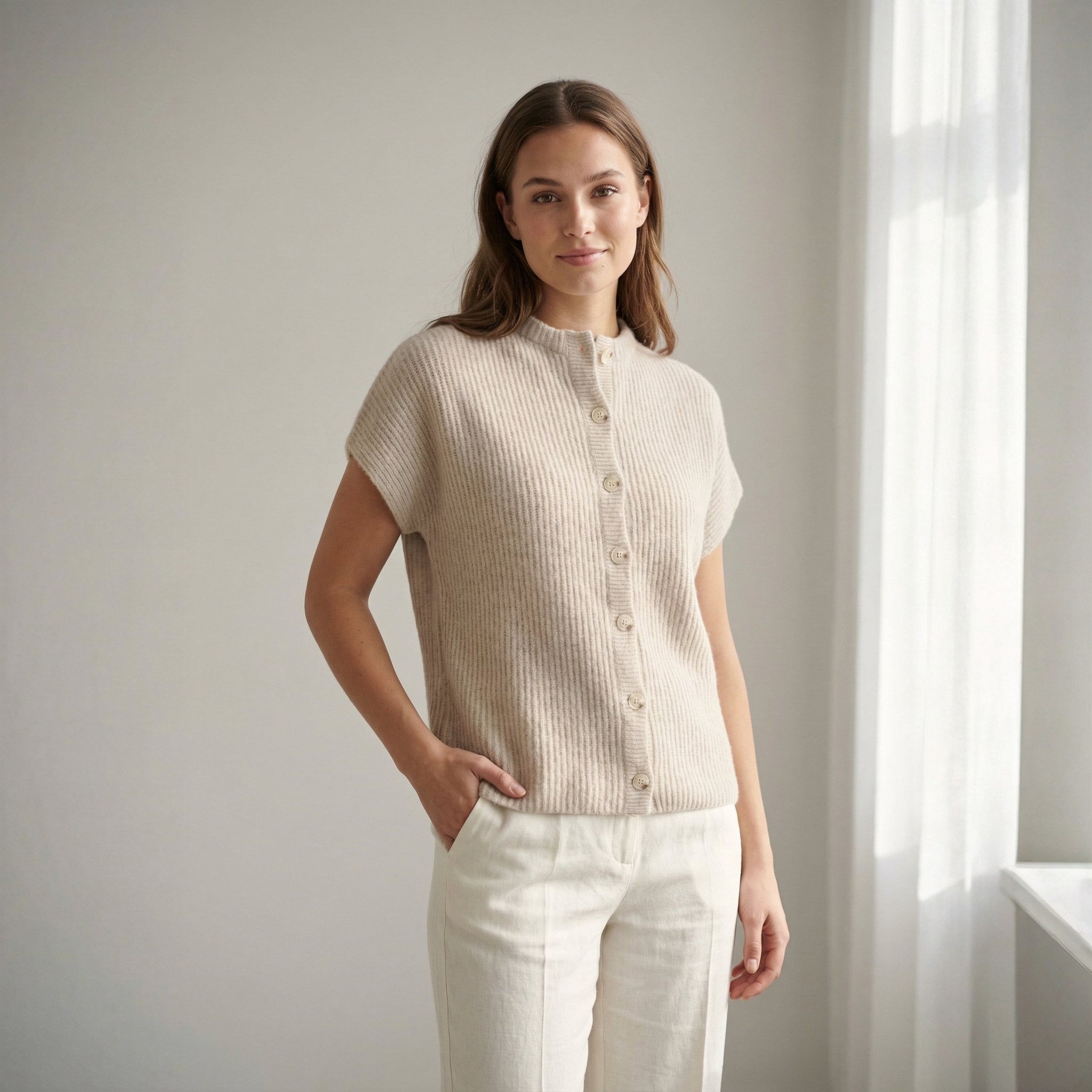 Model i beige vest i ribstrik med knapper foran, stylet med hvide bukser