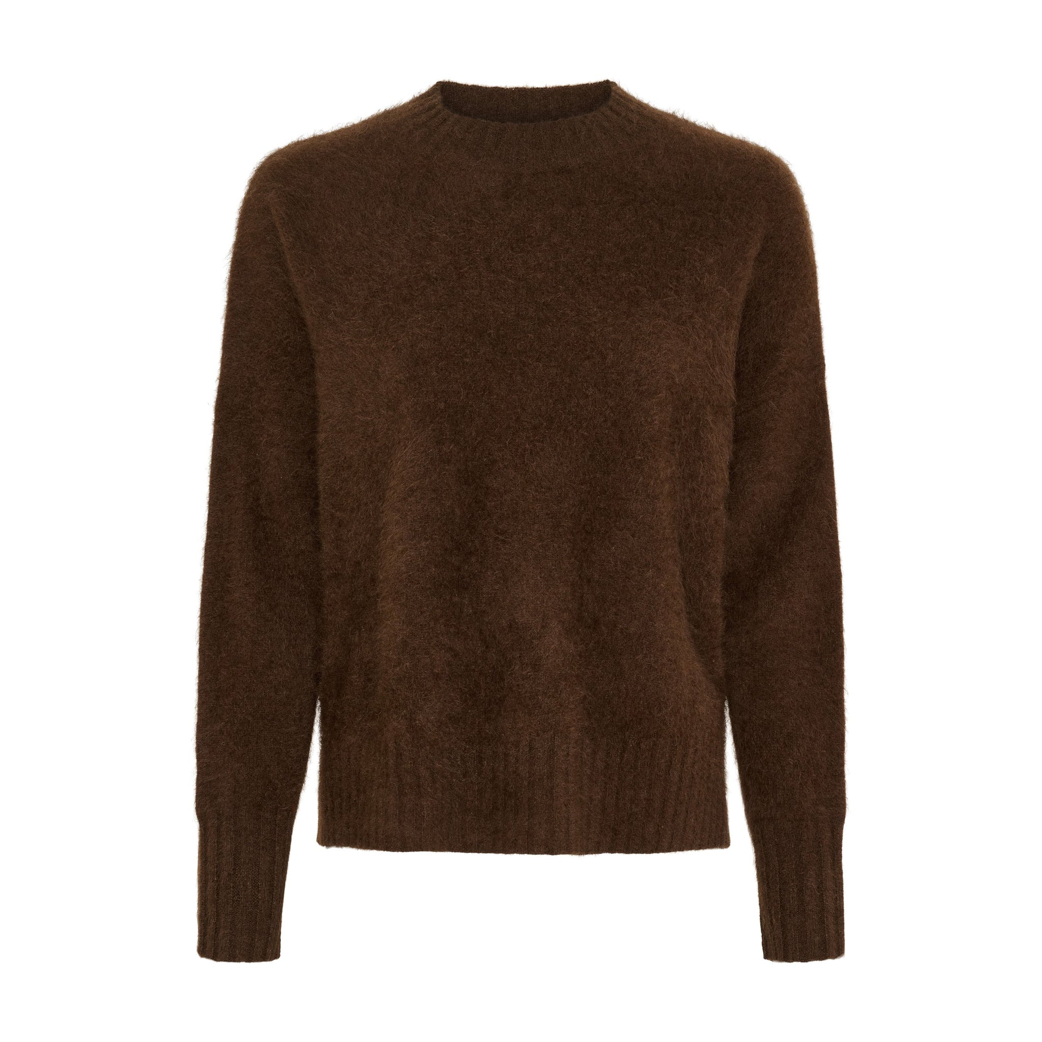 Brun pullover i børstet yak fra Butterfly med rund hals, lange ærmer og ribkanter, set forfra