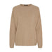 Beige pullover i meleret lys camel med rund hals, lange ærmer og rullede kanter, liggende forfra