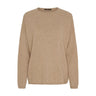 Beige pullover i meleret lys camel med rund hals, lange ærmer og rullede kanter, liggende forfra