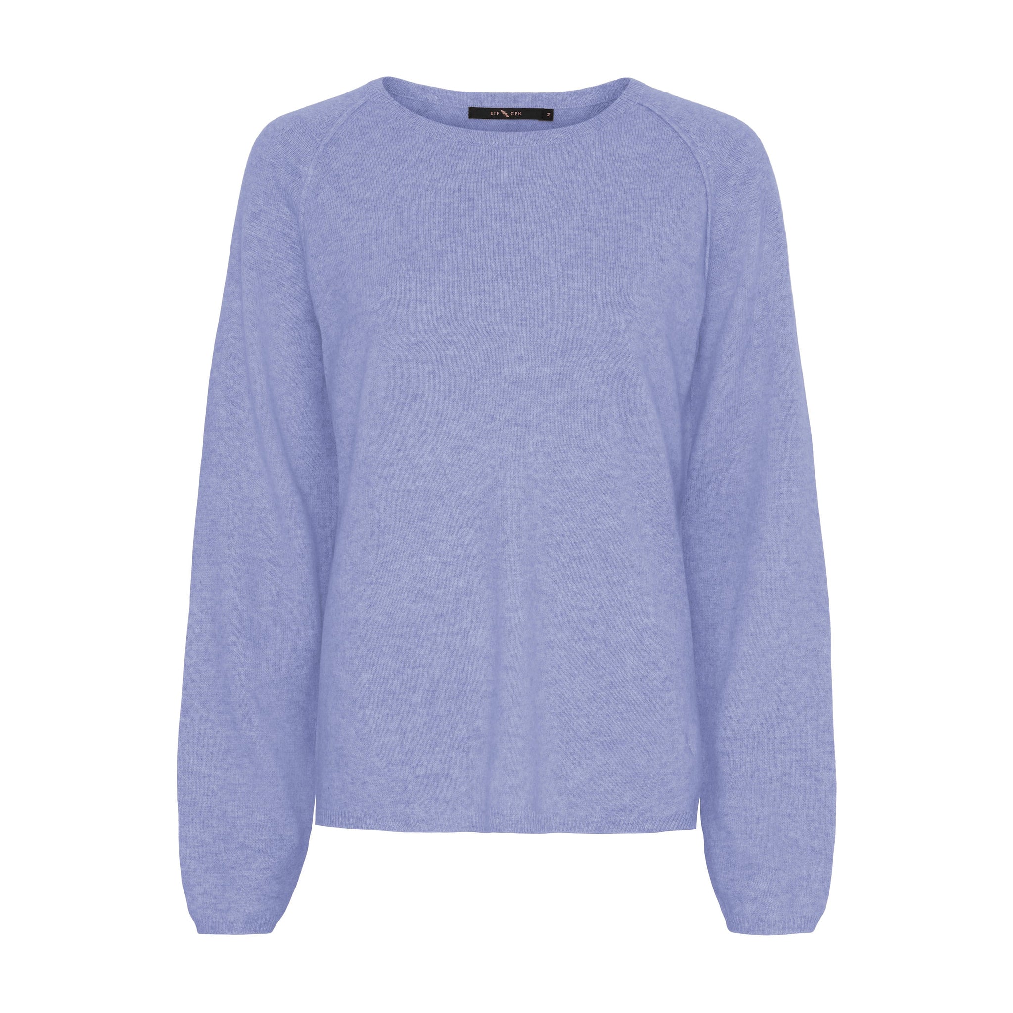 Mia Cashmere Pullover fra Butterfly i meleret lilla med rund hals og raglanærmer, set forfra