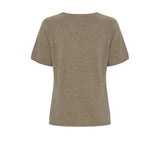 Beige kortærmet strik i Taupe Melange med raglanærmer og ribkant, set bagfra