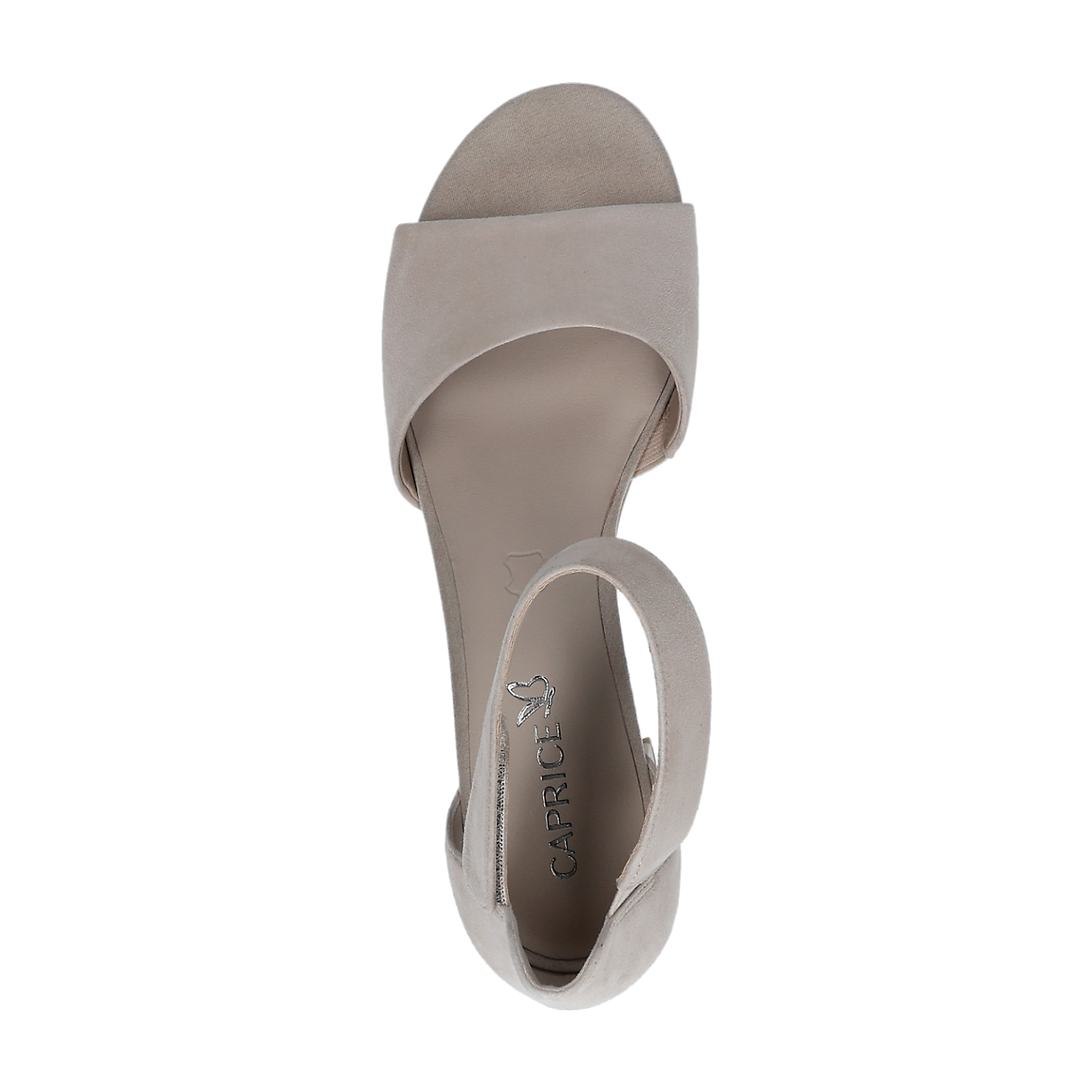 Beige ruskindssandal fra Caprice set oppefra med Caprice-logo på indersålen