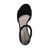 Sort sandal i ruskind set ovenfra med lys indersål og Caprice-logo