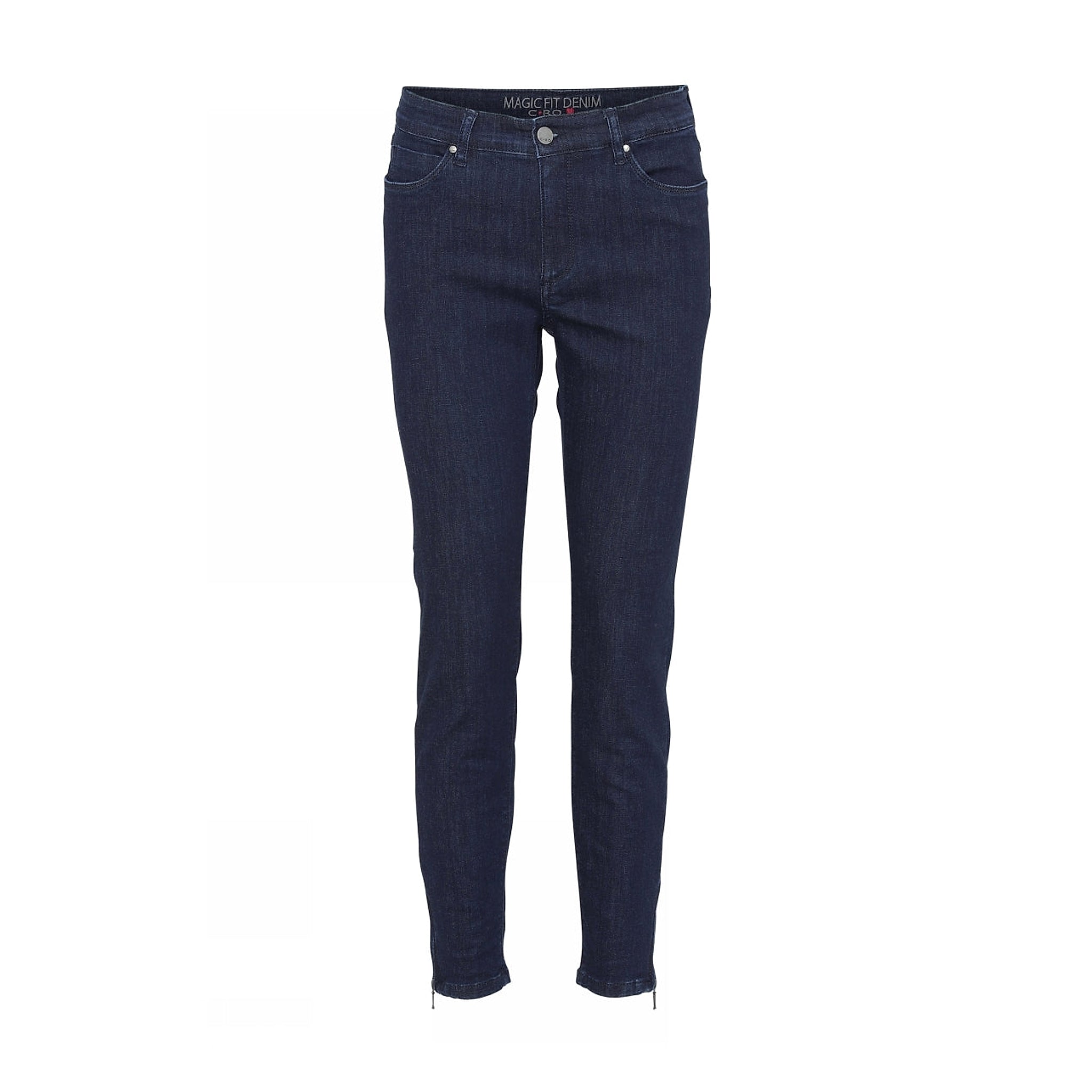 Mørkeblå Magic Fit bukser fra Cero i denim med slim snit, lommer foran og lynlås ved anklerne, set forfra