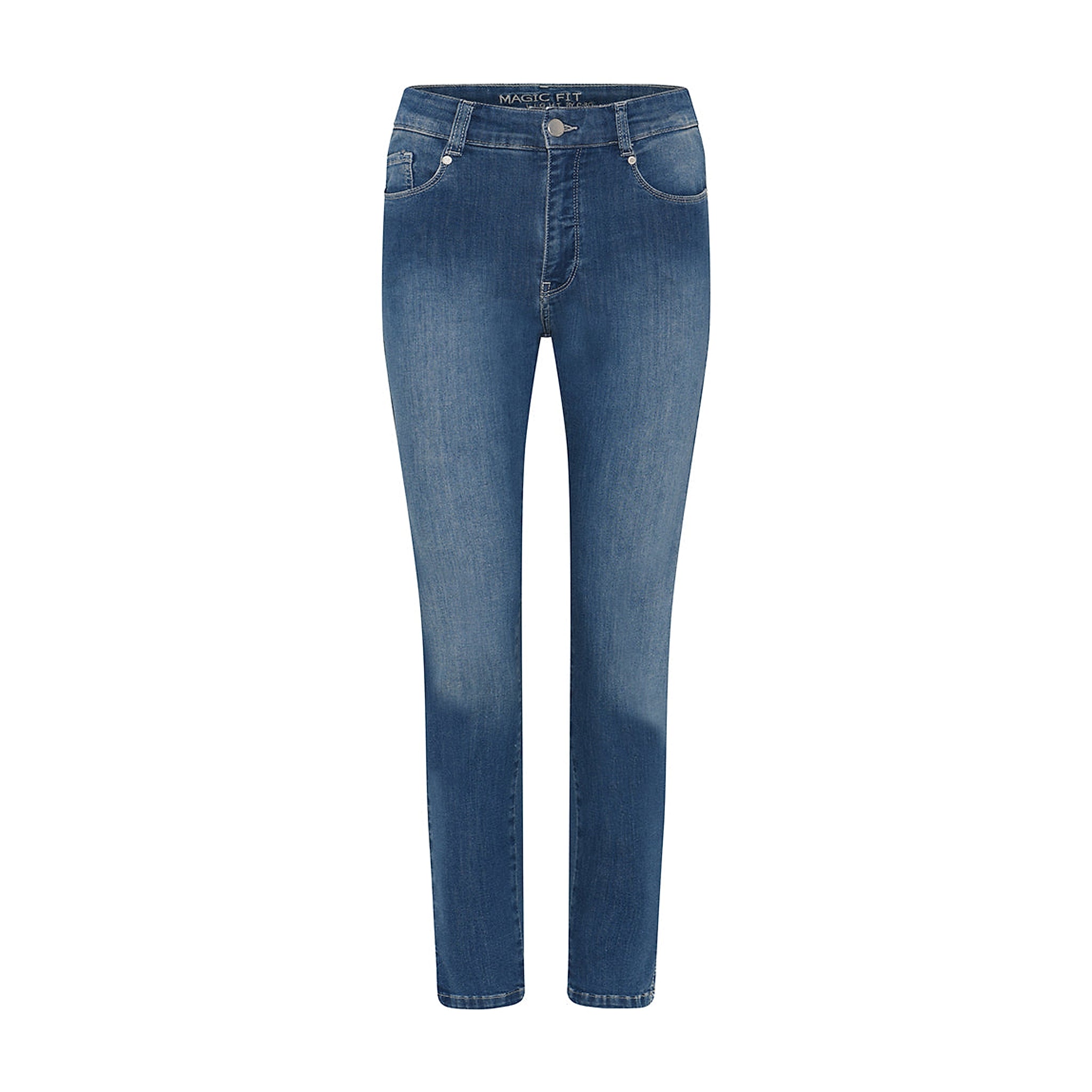 Blå slim bukser i denim fra Cero, Magic Fit Pant Summer i Medium Blue Denim, set forfra