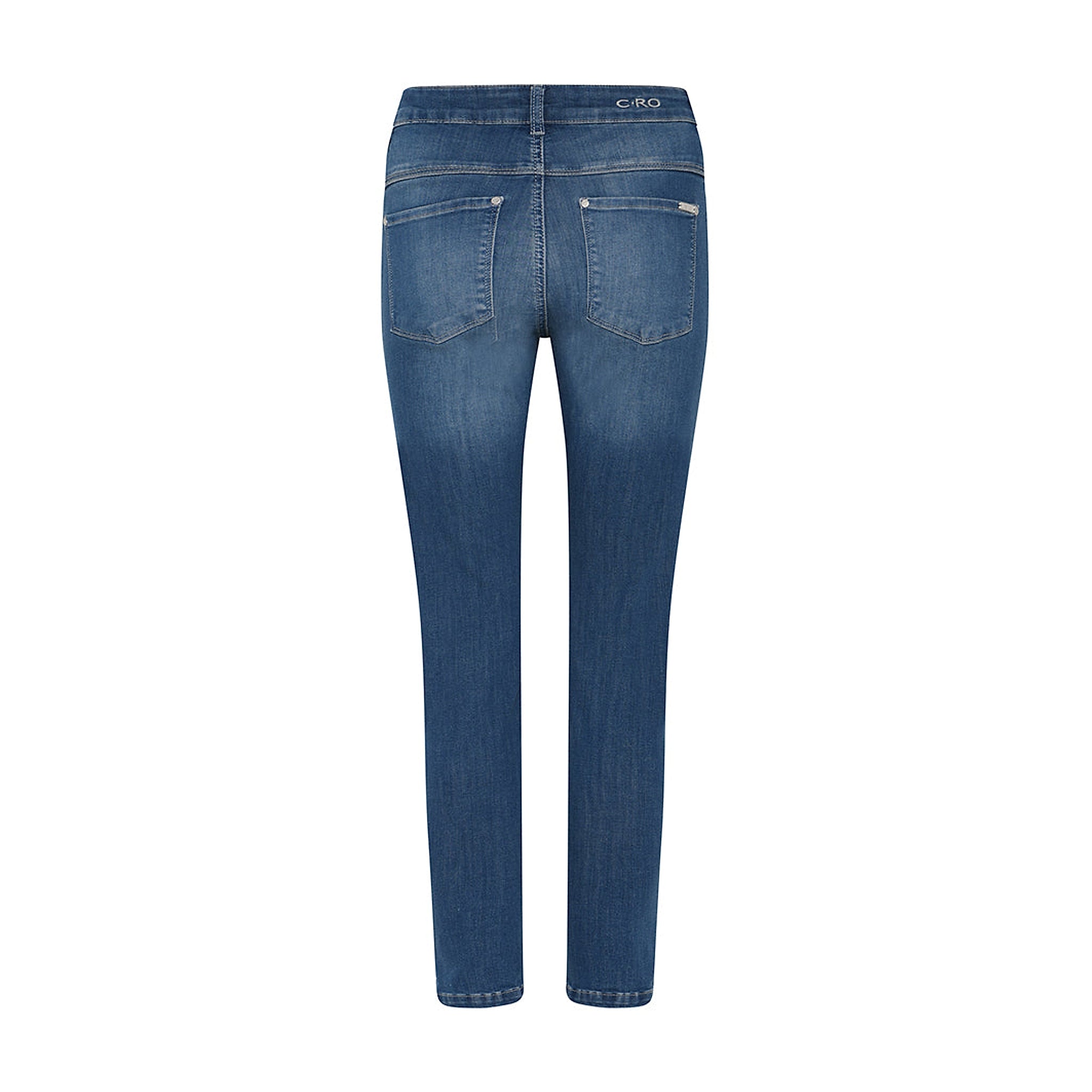 Blå slim bukser i denim fra Cero set bagfra med to baglommer og logo på linningen
