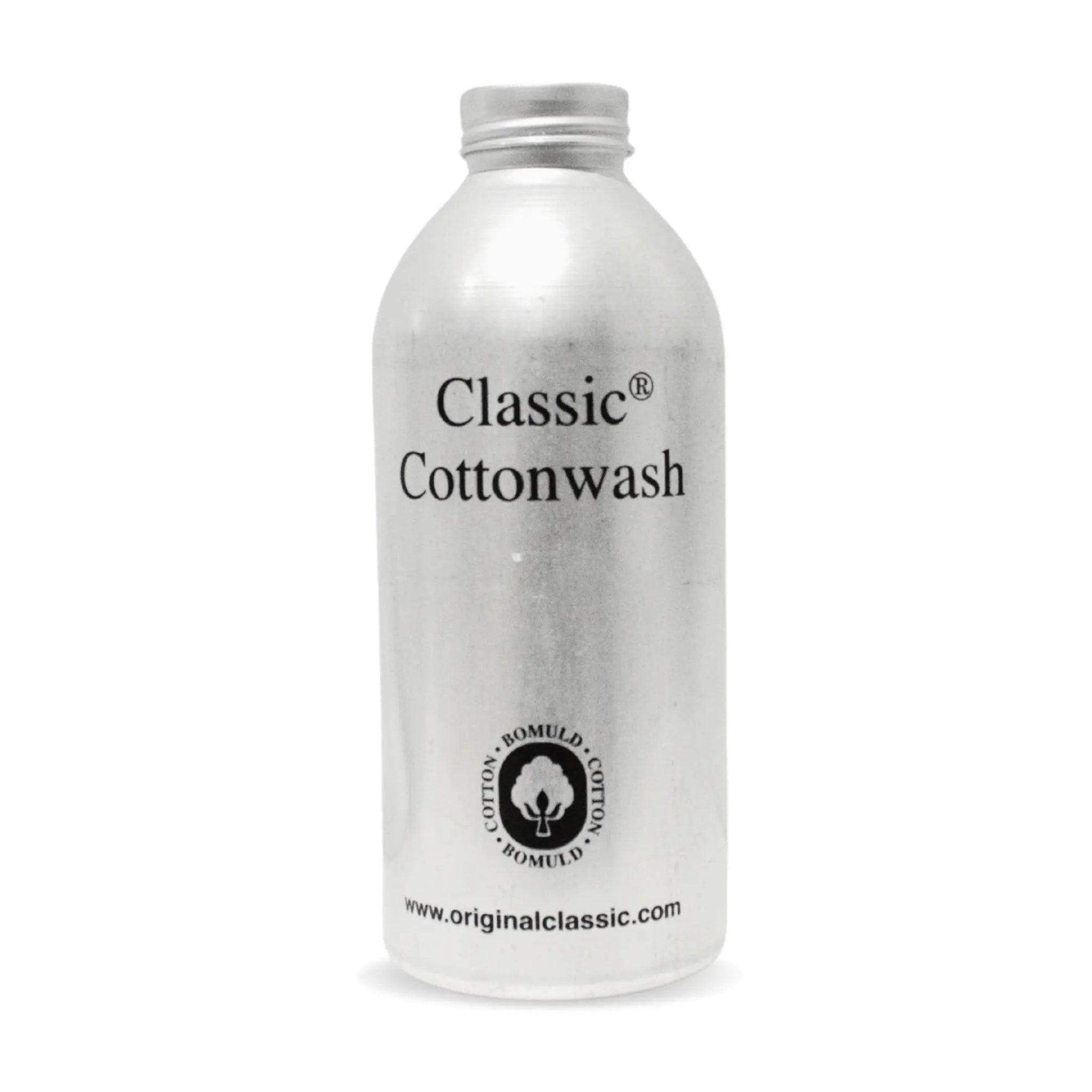 Classic Cottonwash vaskemiddel til bomuld i sølvfarvet flaske med skruelåg, set forfra