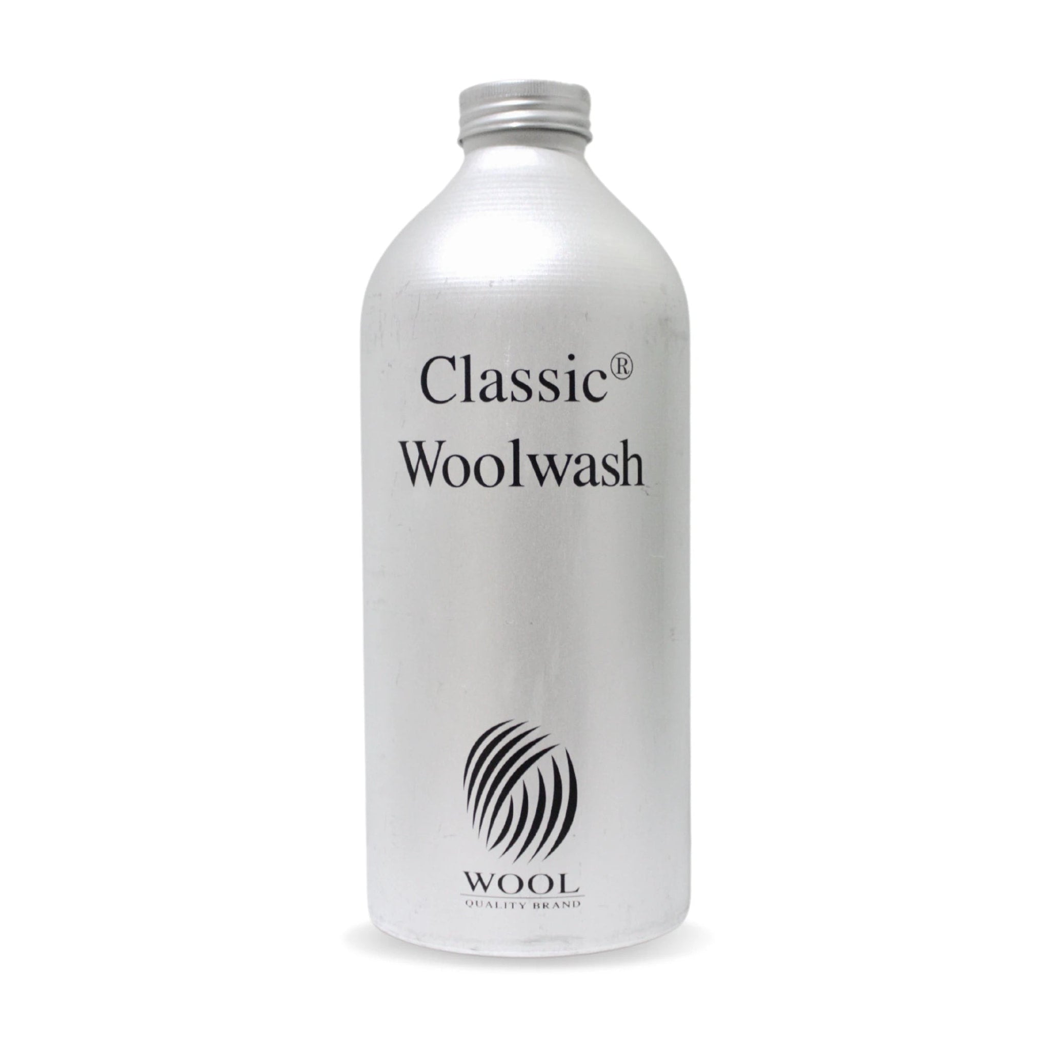 Classic Woolwash plejeprodukt til uld i sølvfarvet flaske med skruelåg, set forfra
