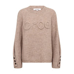Brun strik Aelle LS Knit fra Co'Couture forfra med ophøjet logo, rund hals og knapper ved ærmerne