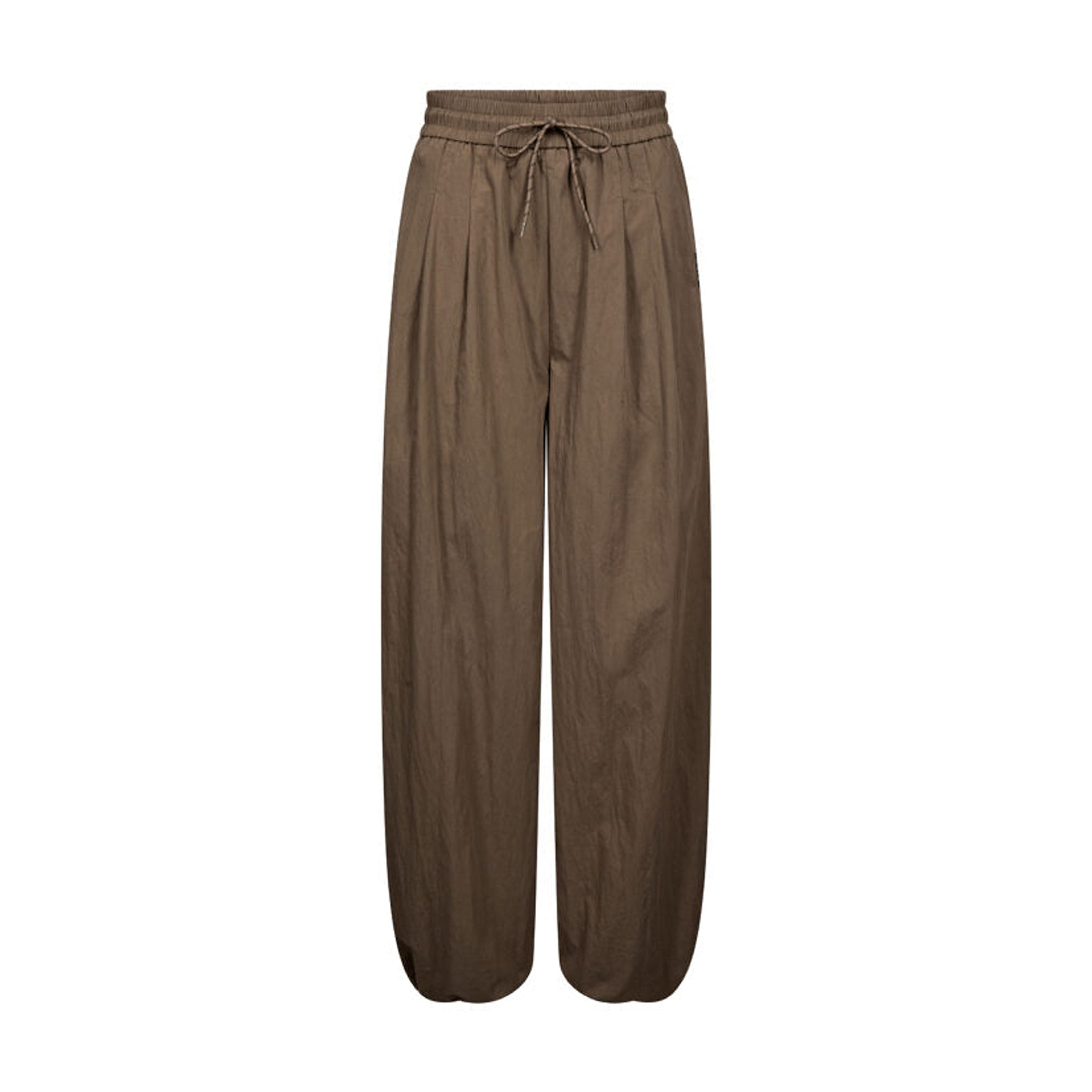 Brune wide leg bukser fra Co'Couture forfra med elastik, bindebånd i taljen og læg foran