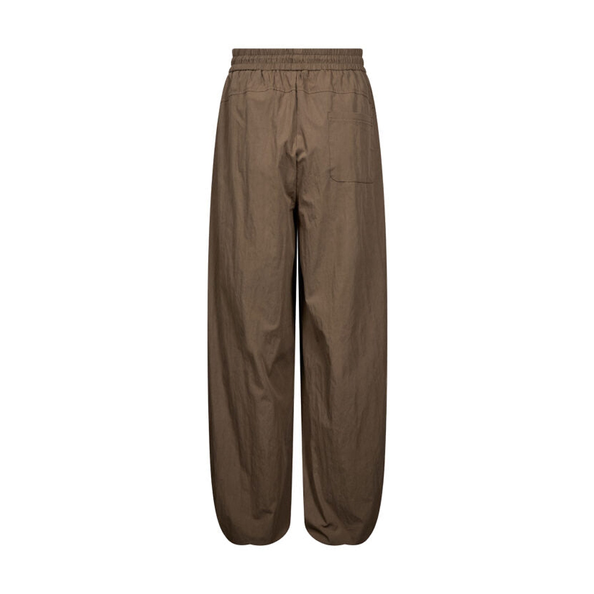 Brune wide leg bukser fra Co'Couture bagfra med elastik i taljen og lomme bagpå