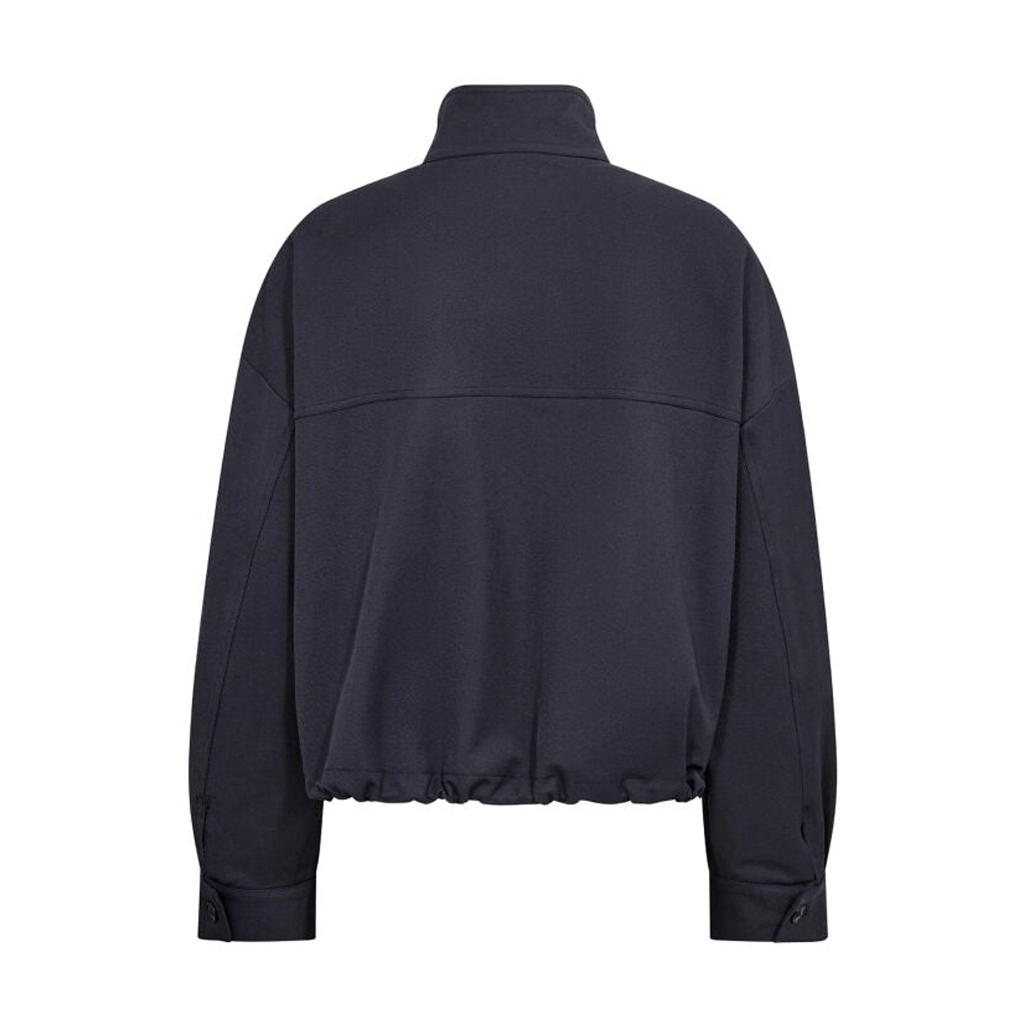Kort navy jakke set bagfra med høj krave, rynket kant forneden og knap ved manchetten