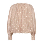 Beige ballonbluse med prikker set bagfra med knapper på de høje manchetter