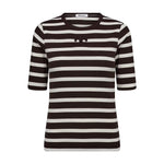 Stribet t-shirt i offwhite og mørkebrun fra Co'Couture forfra med rund hals og broderet CC-logo
