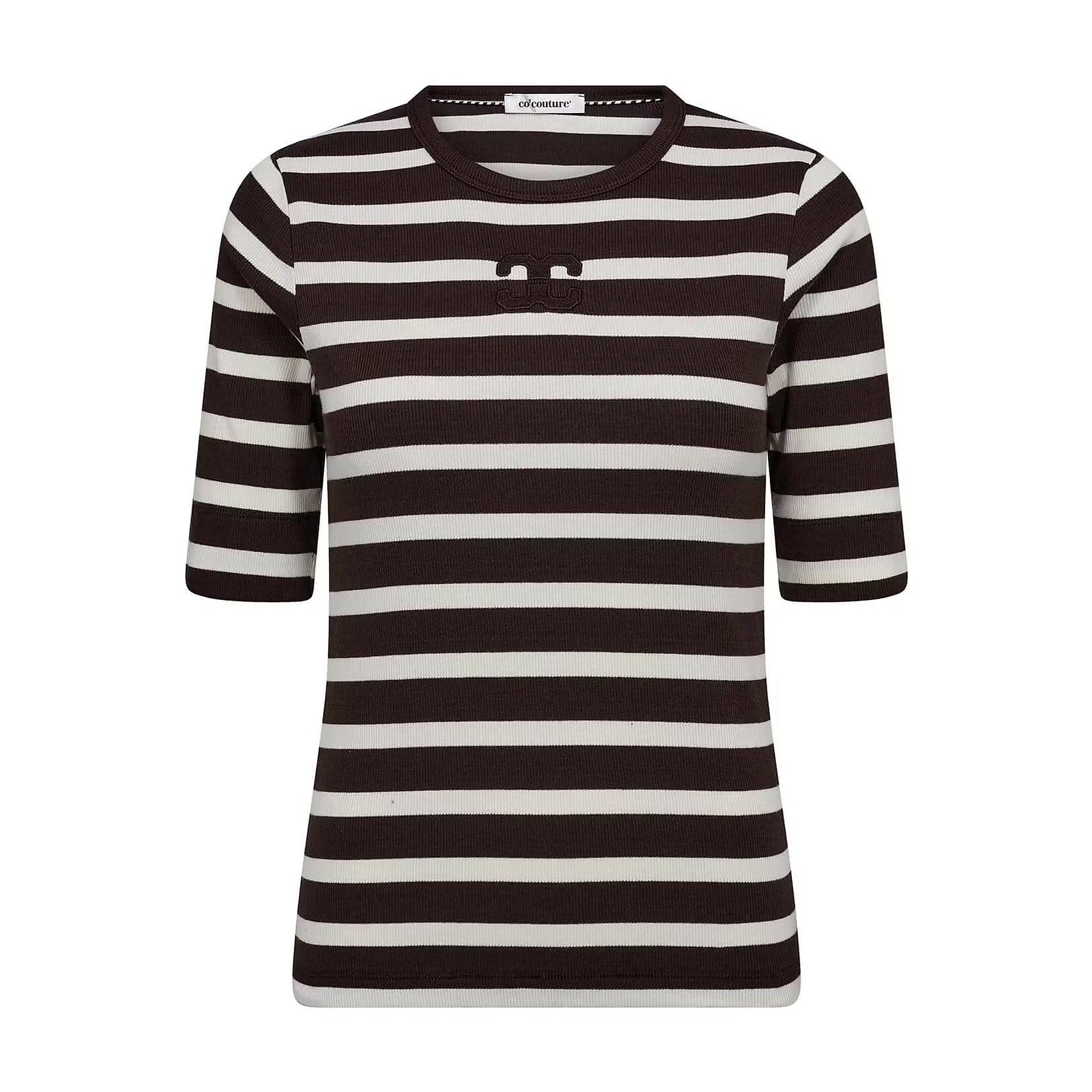 Stribet t-shirt i offwhite og mørkebrun fra Co'Couture forfra med rund hals og broderet CC-logo