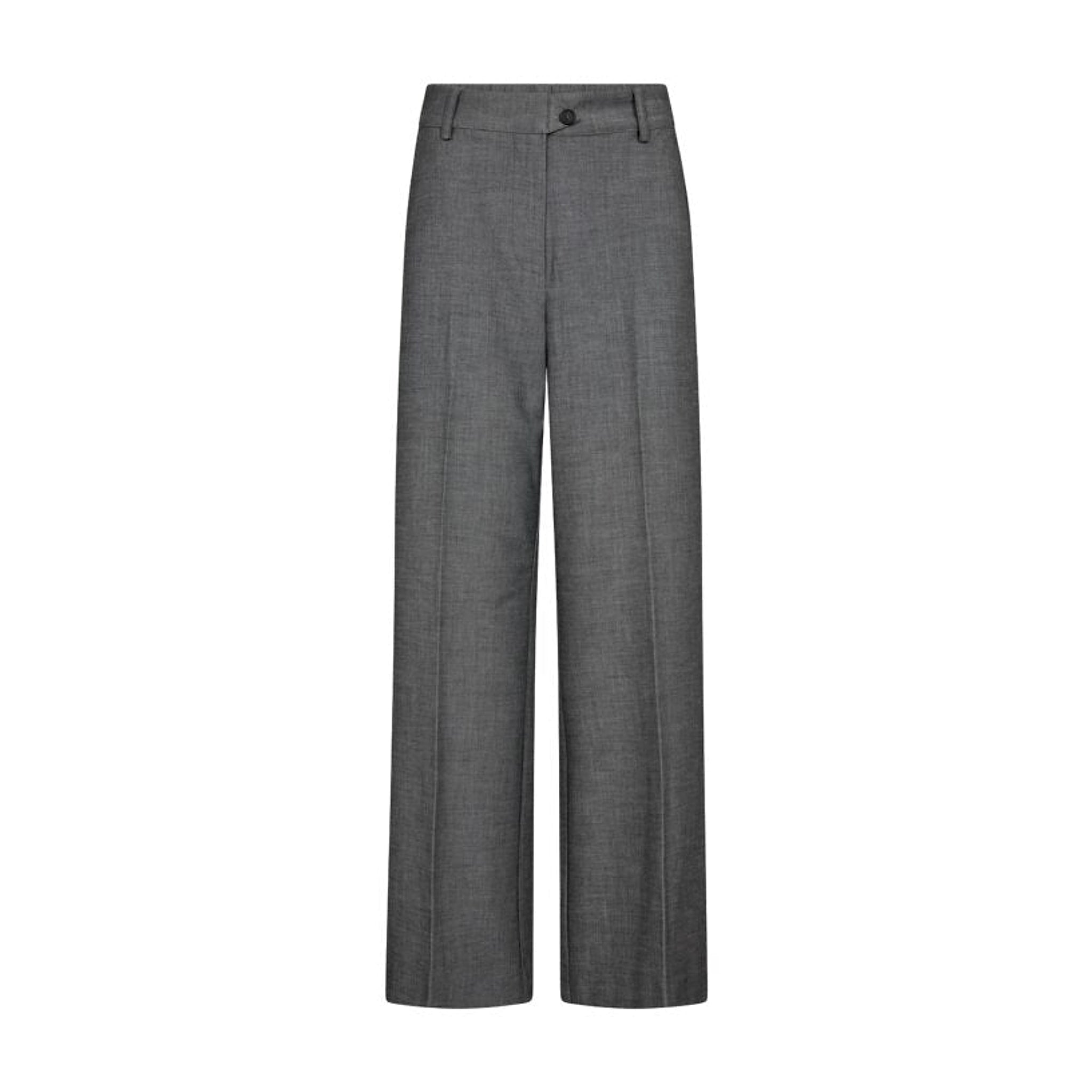 Grå wide leg bukser Jacky Wide Pant fra Co'Couture set forfra med pressefolder og knap i linningen