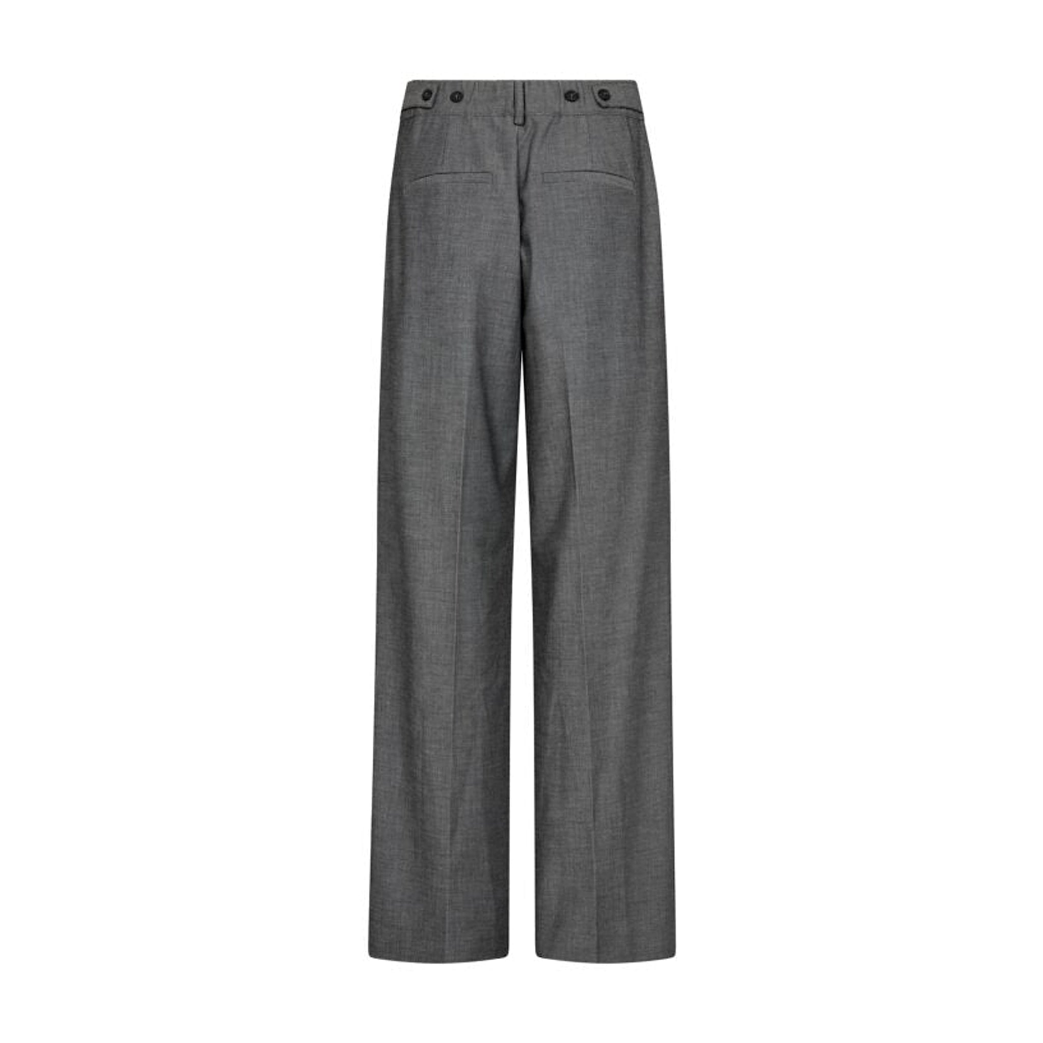 Grå wide leg bukser fra Co'Couture set bagfra med lommer og knapdetaljer i linningen