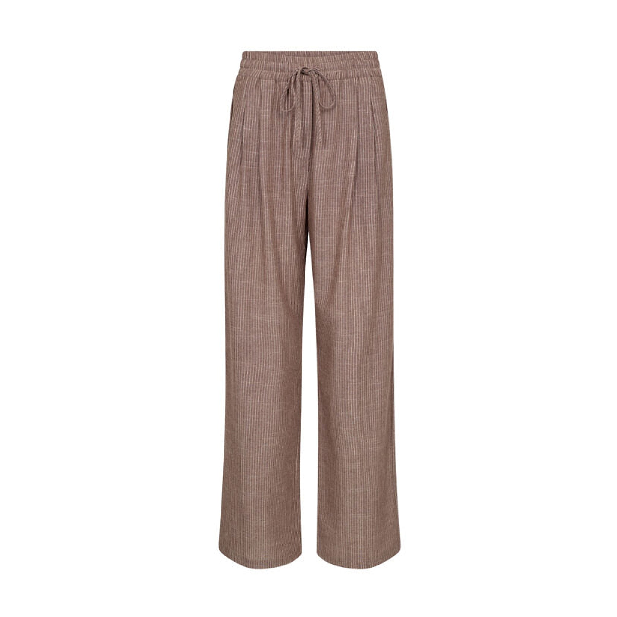 Brune stribede wide leg bukser fra Co'Couture med elastik og bindesnøre i taljen, set forfra