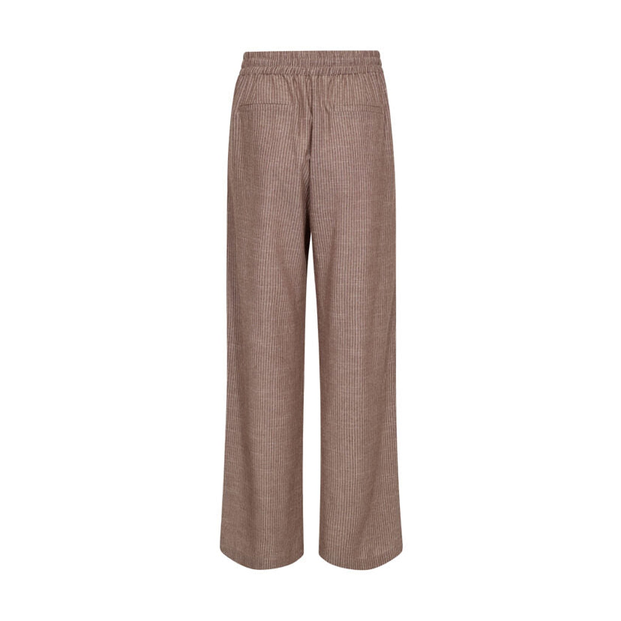 Brune stribede wide leg bukser fra Co'Couture med elastik i taljen, set bagfra