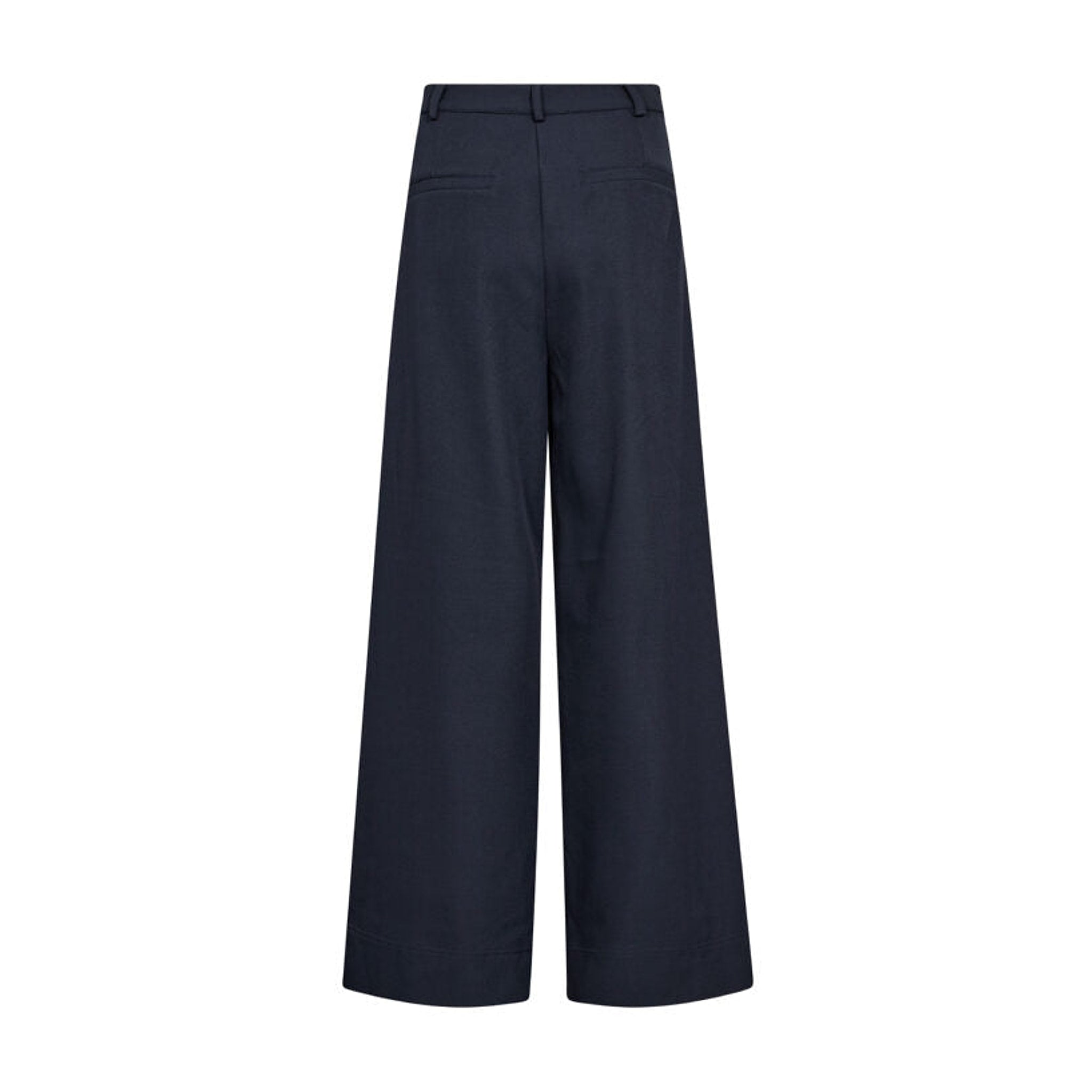 Marineblå wide leg bukser set bagfra med lommer bagpå og bæltestropper