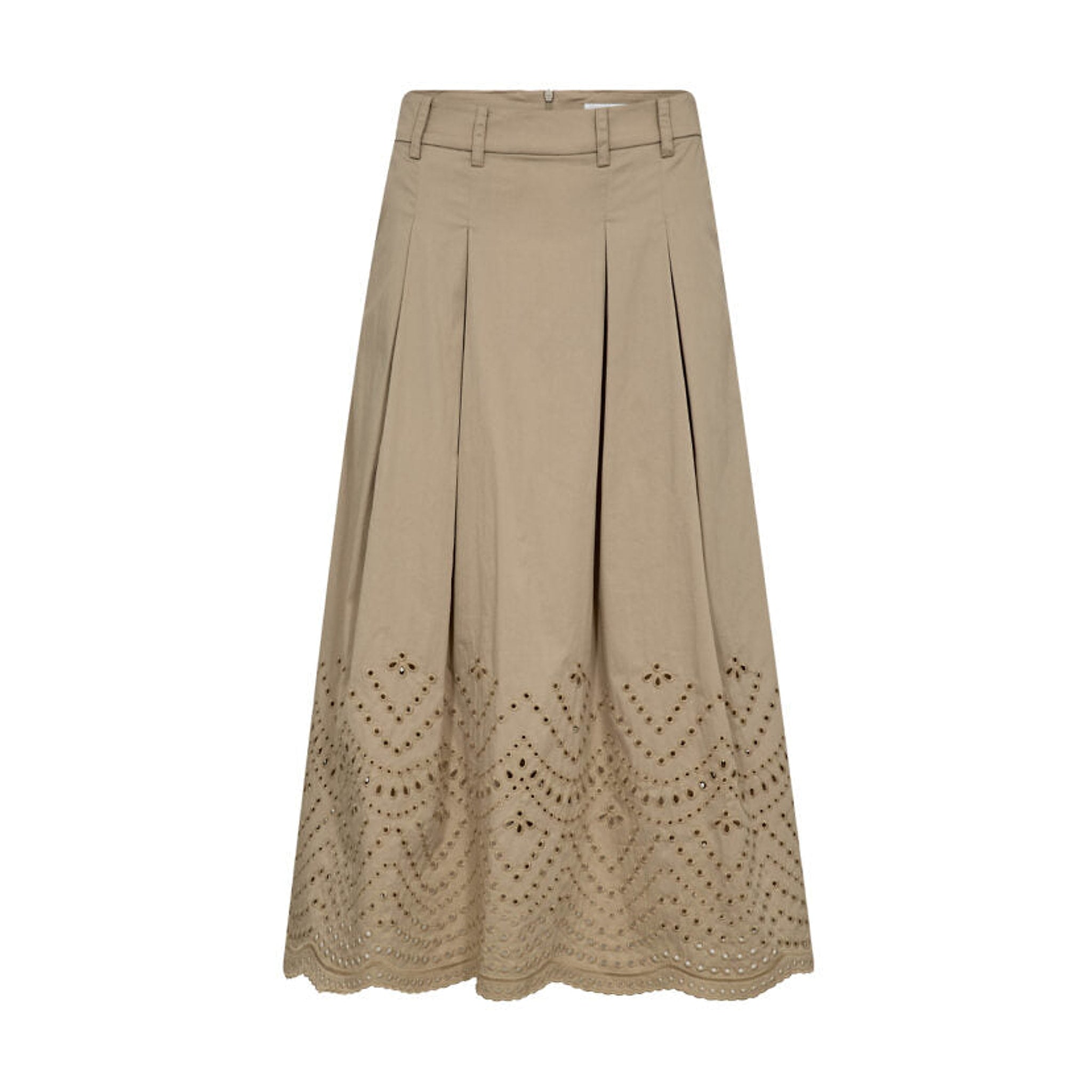 Beige nederdel fra Co'Couture i farven Mushroom med læg og hulbroderi forneden, set forfra