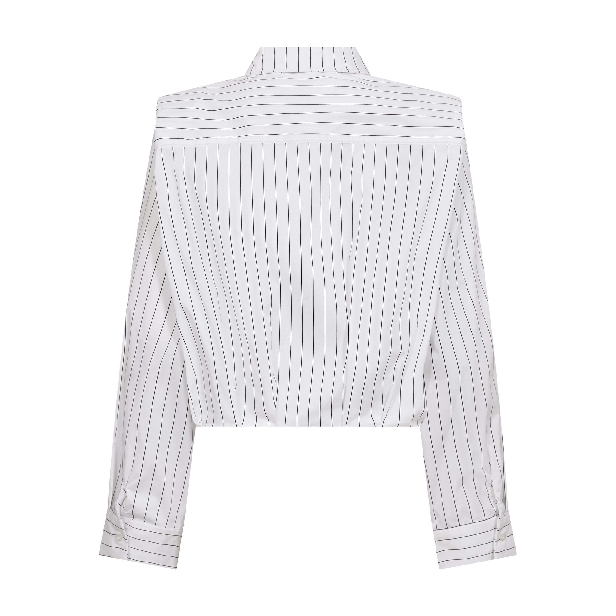 Hvid stribet bluse fra Co'Couture med markerede skuldre og knappede manchetter set bagfra