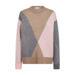 Row Maxi Check Knit strik fra Co'Couture i Rosebloom med stort argylemønster i pink, grå og beige set forfra