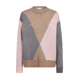 Row Maxi Check Knit strik fra Co'Couture i Rosebloom med stort argylemønster i pink, grå og beige set forfra