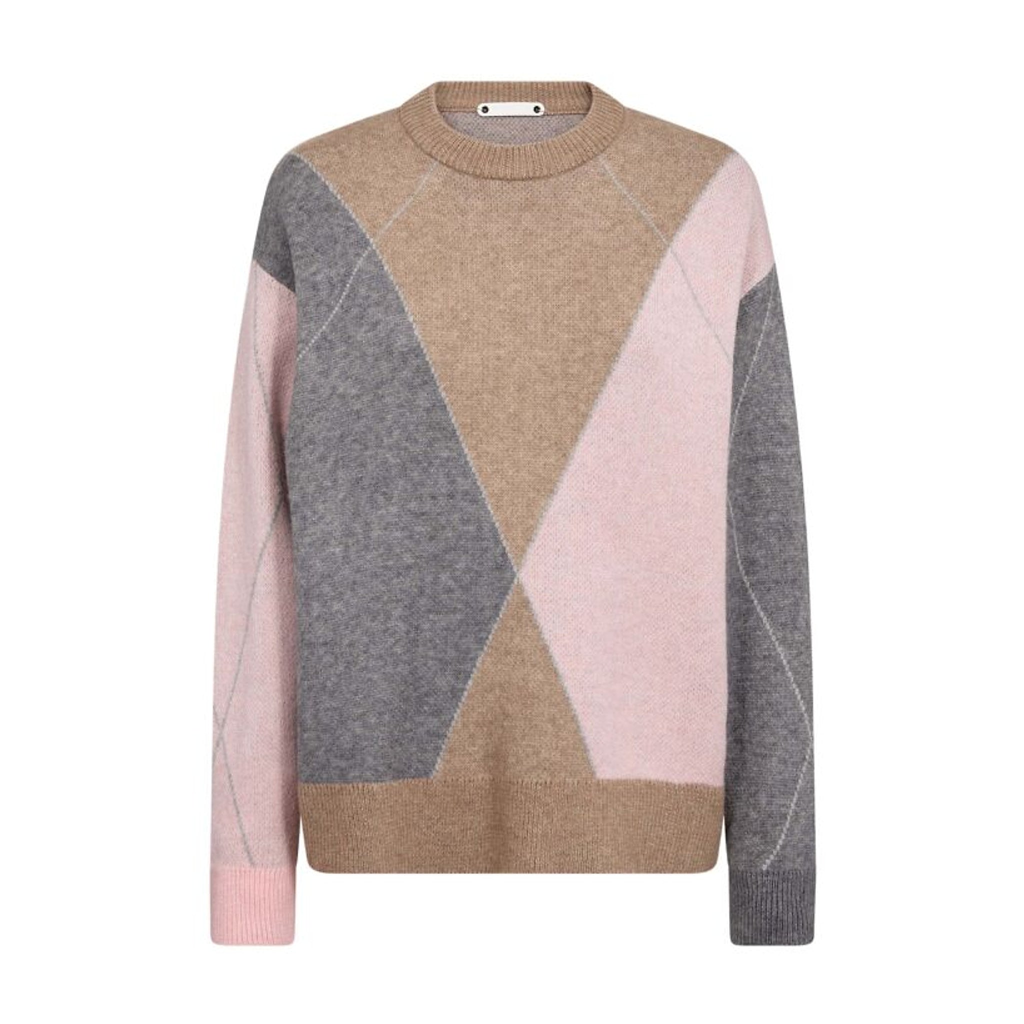 Row Maxi Check Knit strik fra Co'Couture i Rosebloom med stort argylemønster i pink, grå og beige set forfra