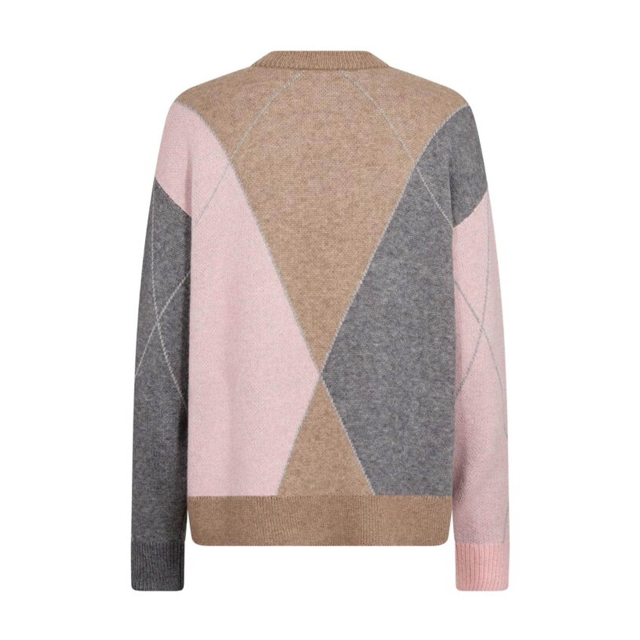 Row Maxi Check Knit strik i pink, grå og beige argylemønster set bagfra med ribkant forneden