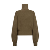 Grøn cardigan i ribstrik fra Co'Couture set bagfra med høj krave og vide ærmer