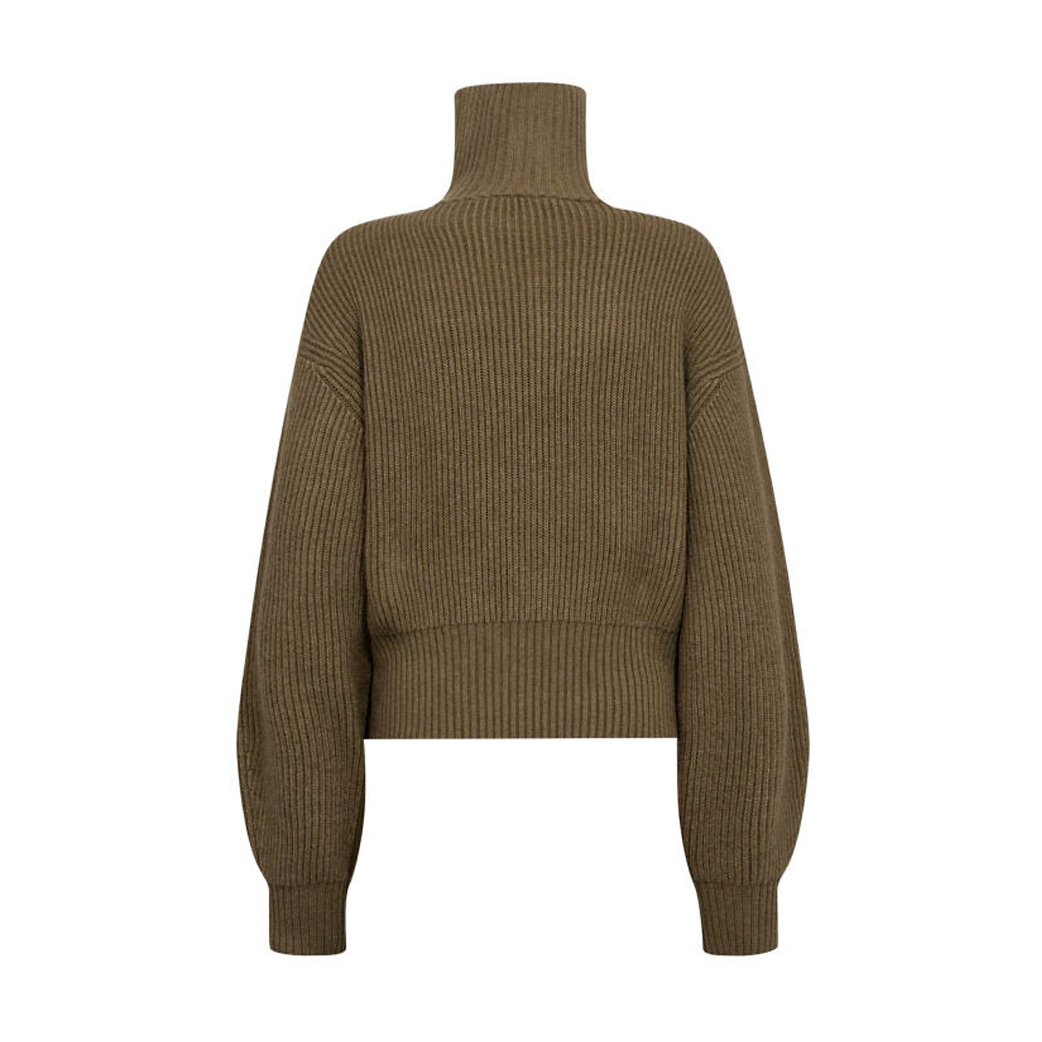 Grøn cardigan i ribstrik fra Co'Couture set bagfra med høj krave og vide ærmer