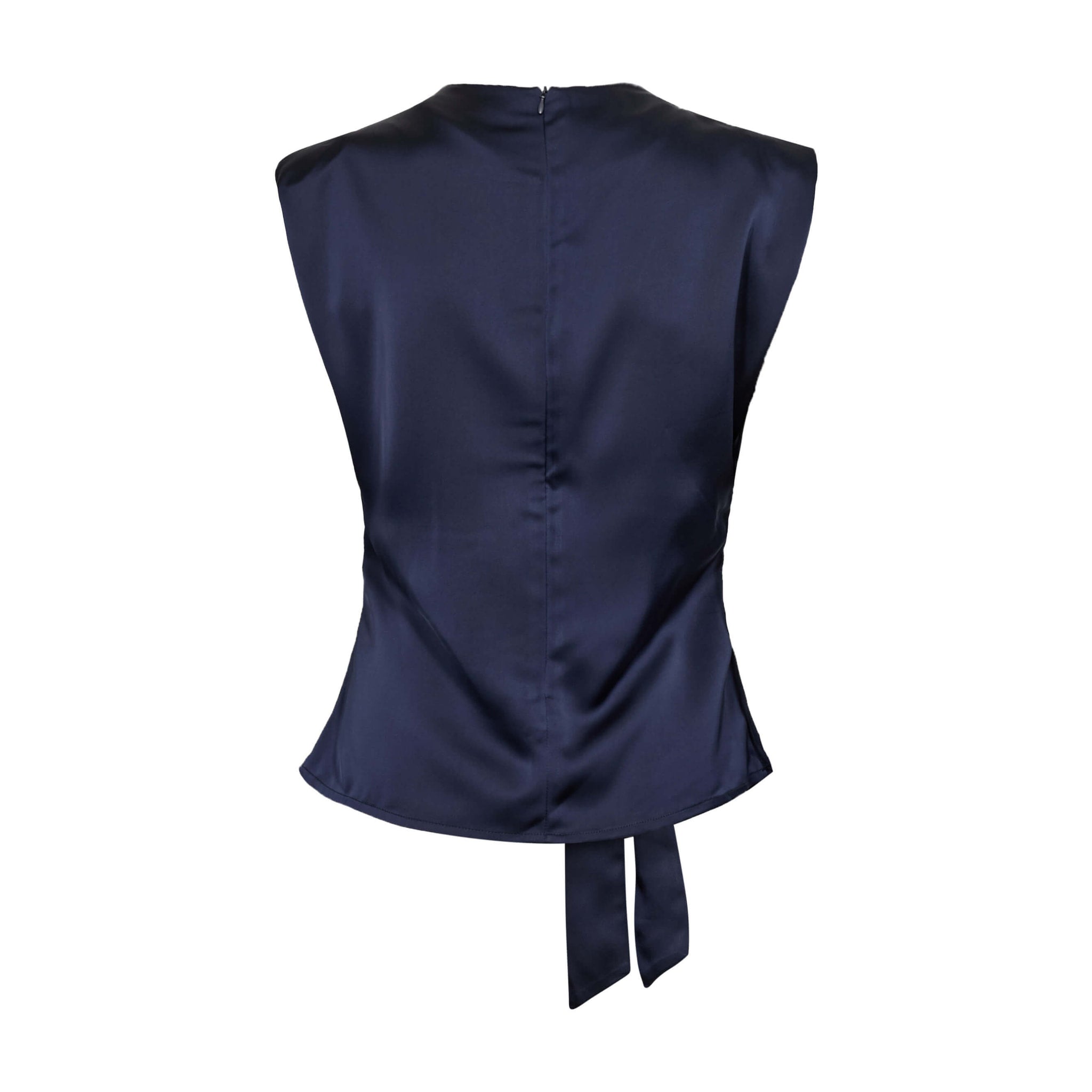 Navy top fra Co'Couture bagfra med lynlås i nakken og bindebåndets ender ved hoften