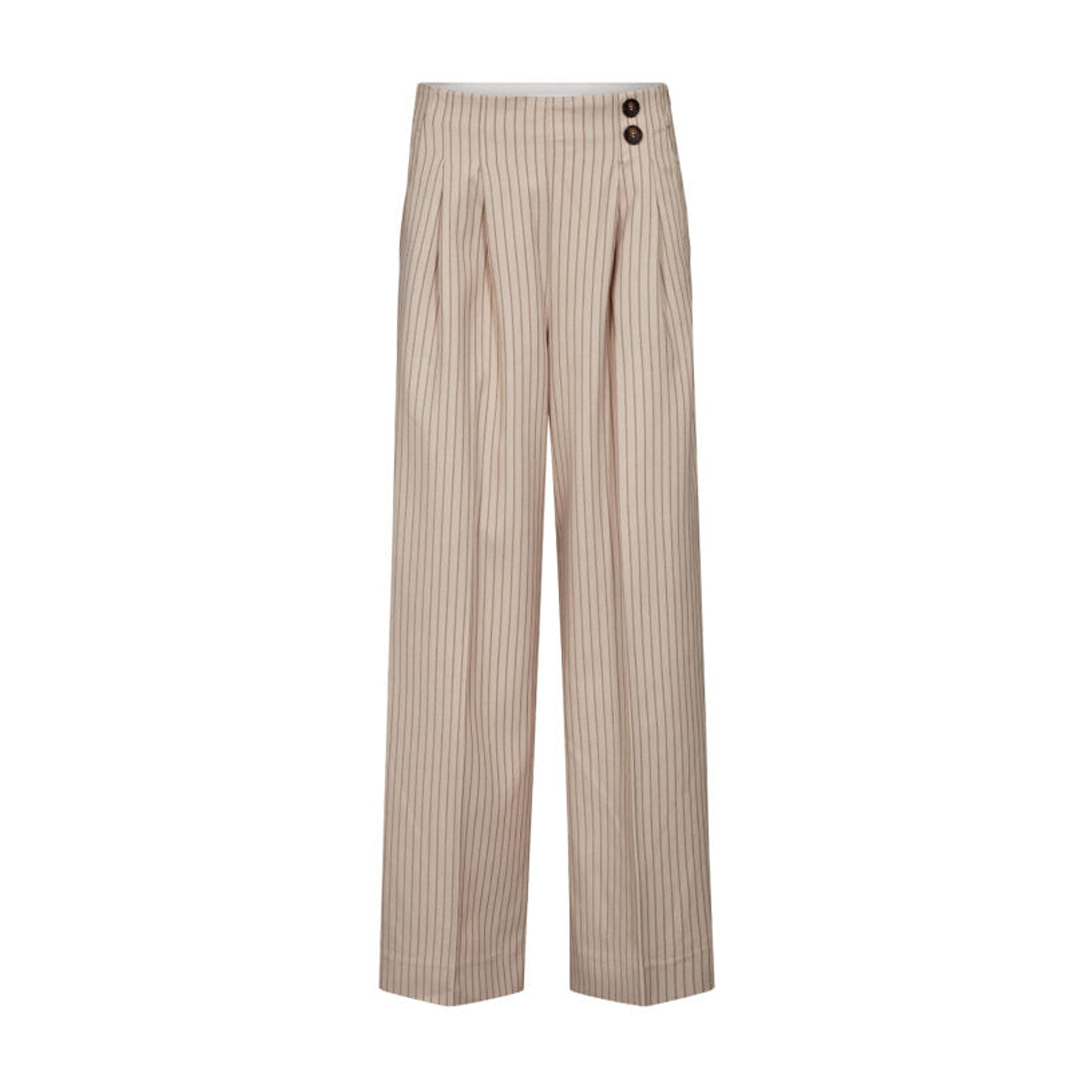 Beige nålestribede wide leg bukser fra Co'Couture forfra med læg og to knapper ved linningen